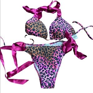 Pink Leopard Print Tie Bikini Set - Women Swim Bikini